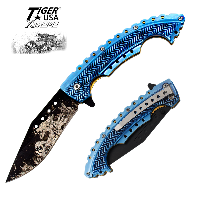 Blue Fire Dragon Strike Trigger Action Knife, , Panther Trading Company- Panther Wholesale