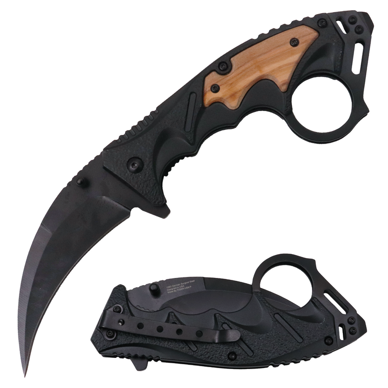 Tiger-USA Spring Assisted Ergogrip Karambit Knife - BLACK AND WOOD COLOR