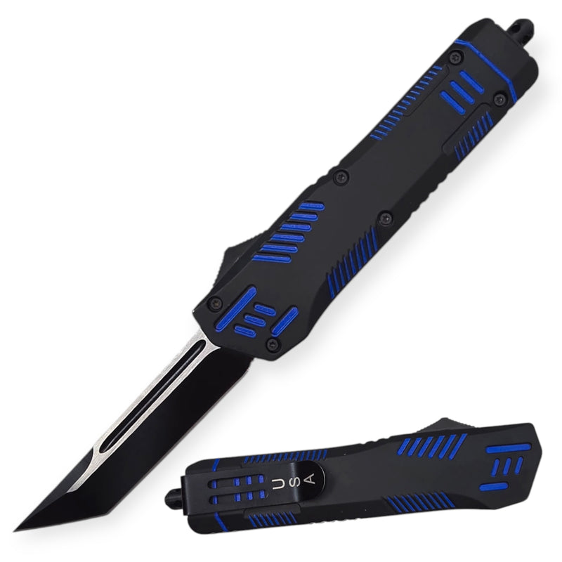 8.75 In OTF Automatic Knife Blue Tanto Blade