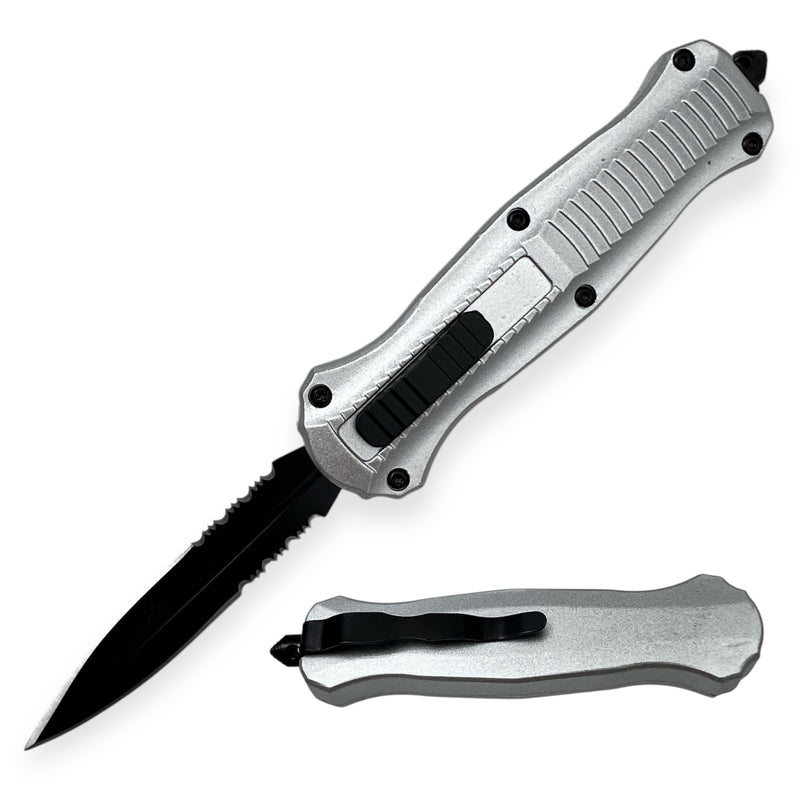 7.75 inch Otf Silver  Double Blade Half Serrated  w/ Nylon Sheath