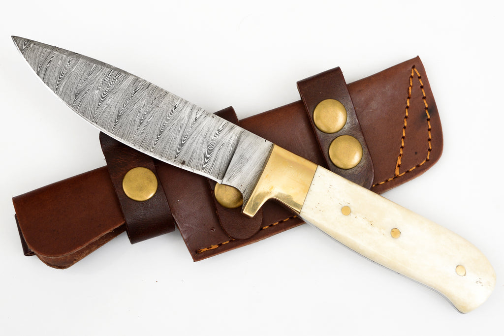 9.0 inch Red Deer® Damuscus Hunting Knife W. Case Stag and Bone handle