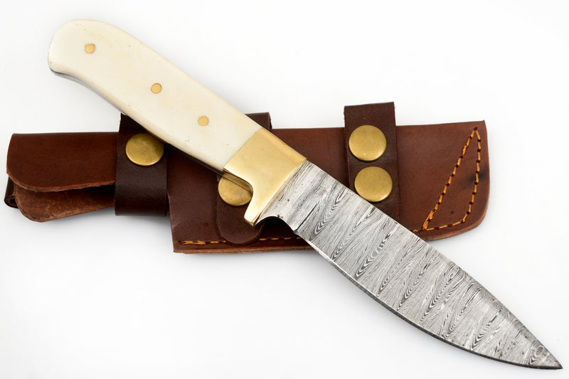 9.0 inch Red Deer® Damuscus Hunting Knife W. Case Stag and Bone handle