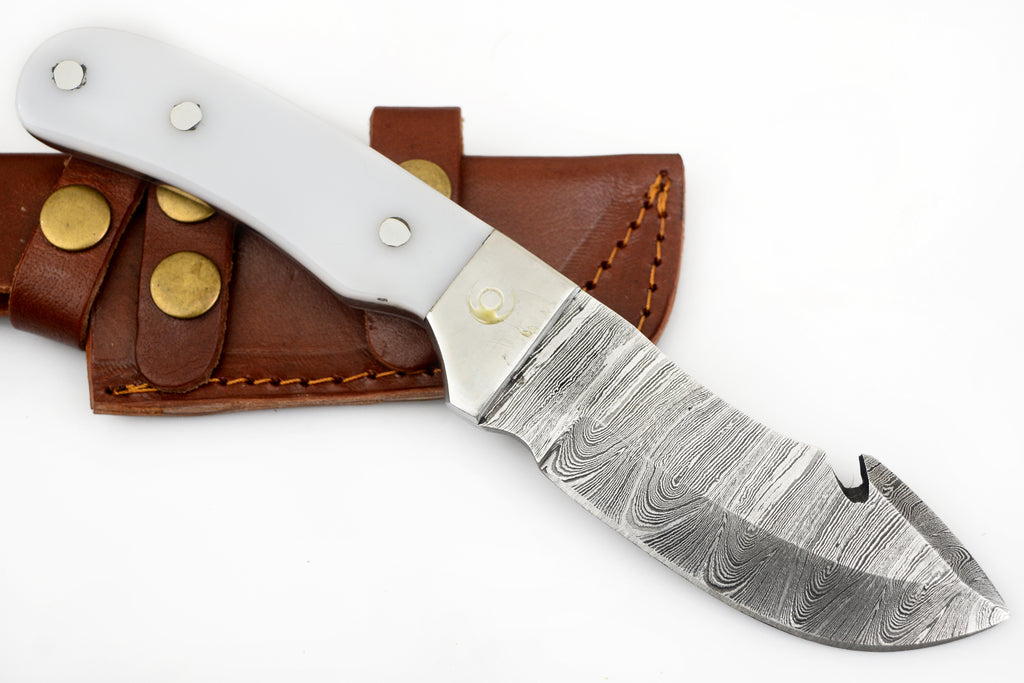 9 inch Red Deer® Damuscus Hunting Knife W. Case Stag and White Bone