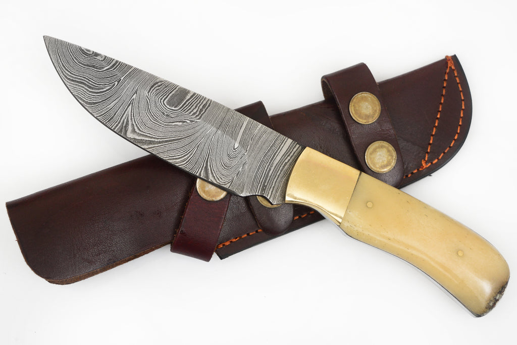8.5 inch Red Deer® Damuscus Hunting Knife W. Case Stag and Bone handle