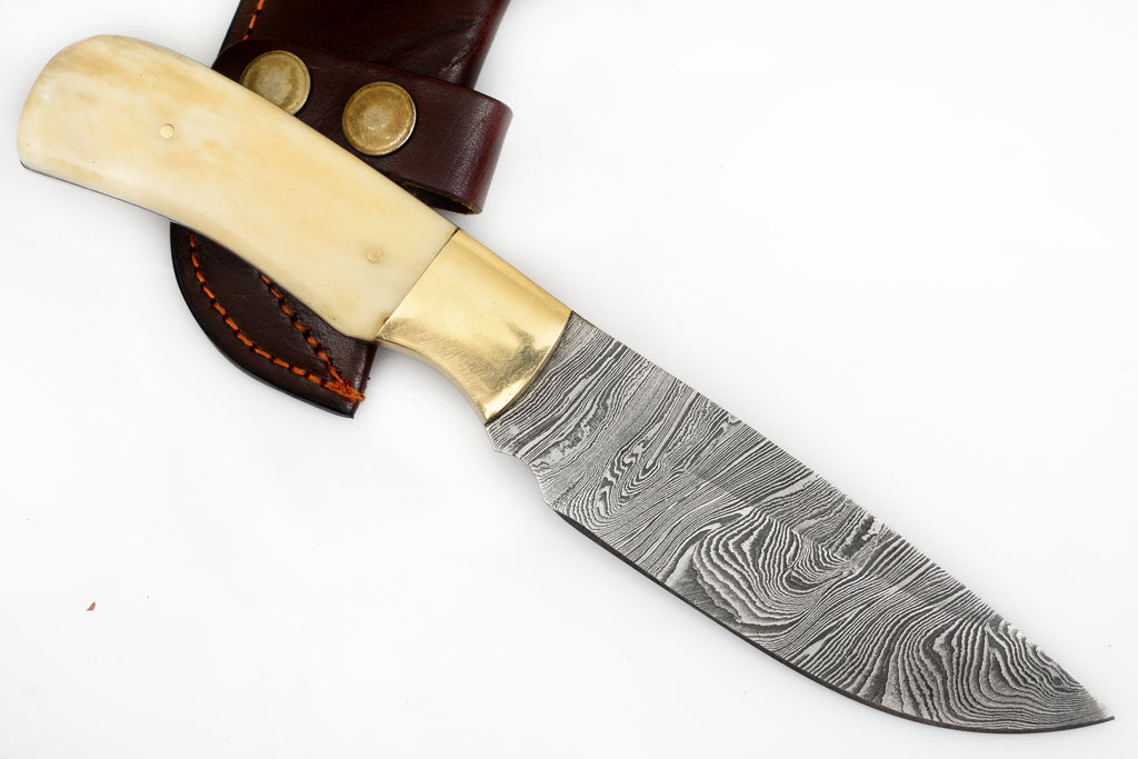 8.5 inch Red Deer® Damuscus Hunting Knife W. Case Stag and Bone handle