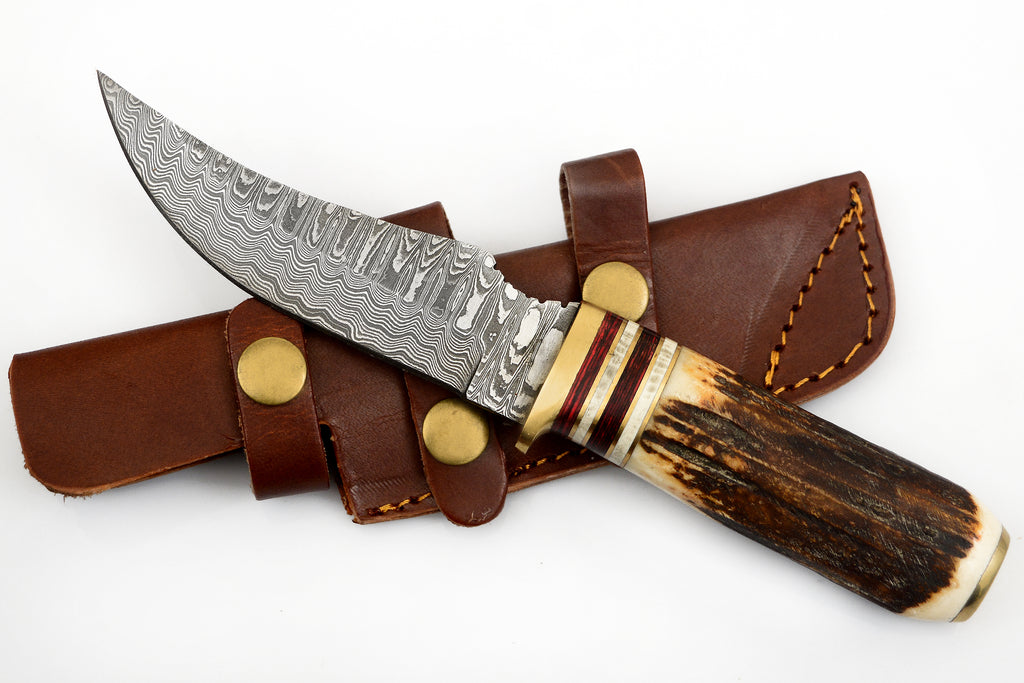 8.5 INCH Red Deer® Damuscus Hunting Knife W. Case Stag and Bone handle Brown