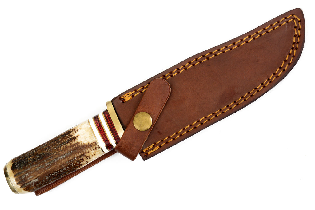 Red Deer® Damuscus Hunting Knife W. Case Stag and Bone handle Brown