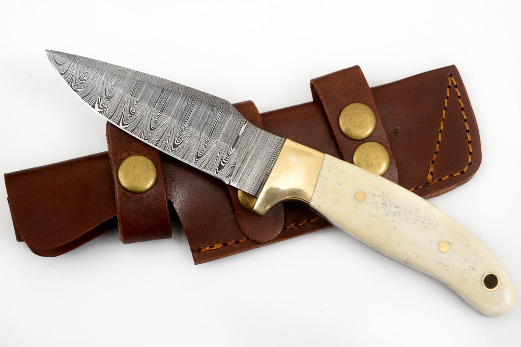 8.0 inch Red Deer® Damuscus Hunting Knife W. Case Stag and Bone handle