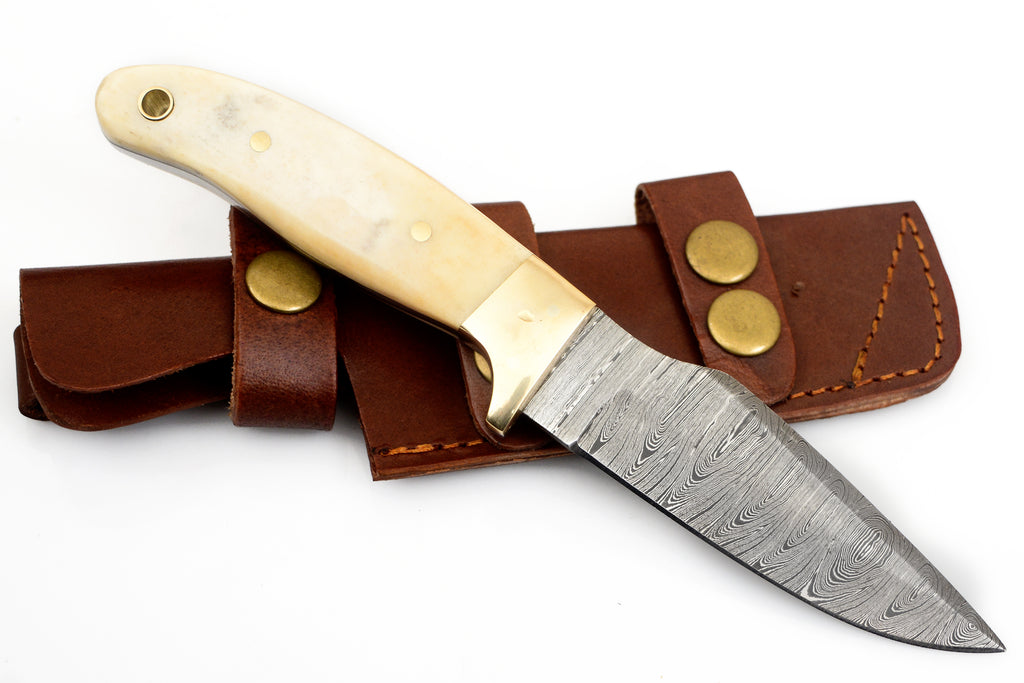8.0 inch Red Deer® Damuscus Hunting Knife W. Case Stag and Bone handle