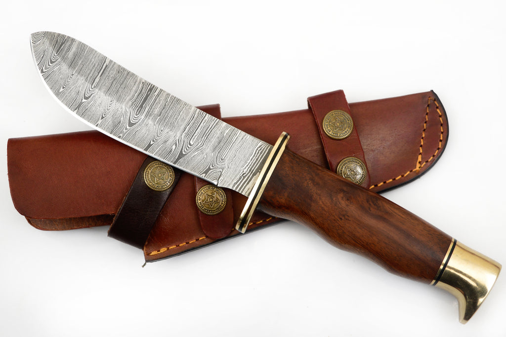 Red Deer® Damuscus Hunting Knife W. Case Stag and Brown handle
