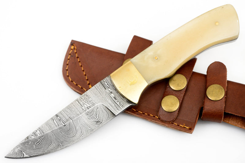 8.75inch Red Deer® Damuscus Hunting Knife W. Case Stag and Bone handle