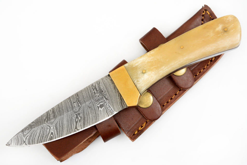 9.0 inch Red Deer® Damuscus Hunting Knife W. Case Stag and Bone handle