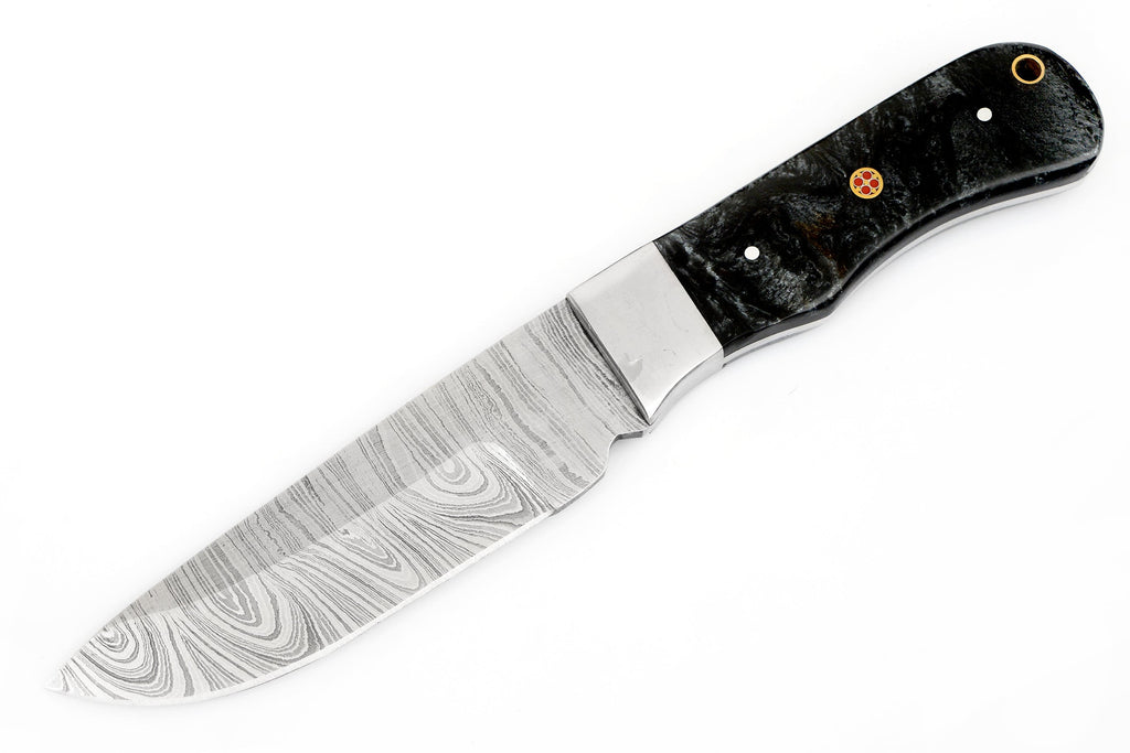 Damuscus Hunting Knife W. Case Black And Silver  Handle