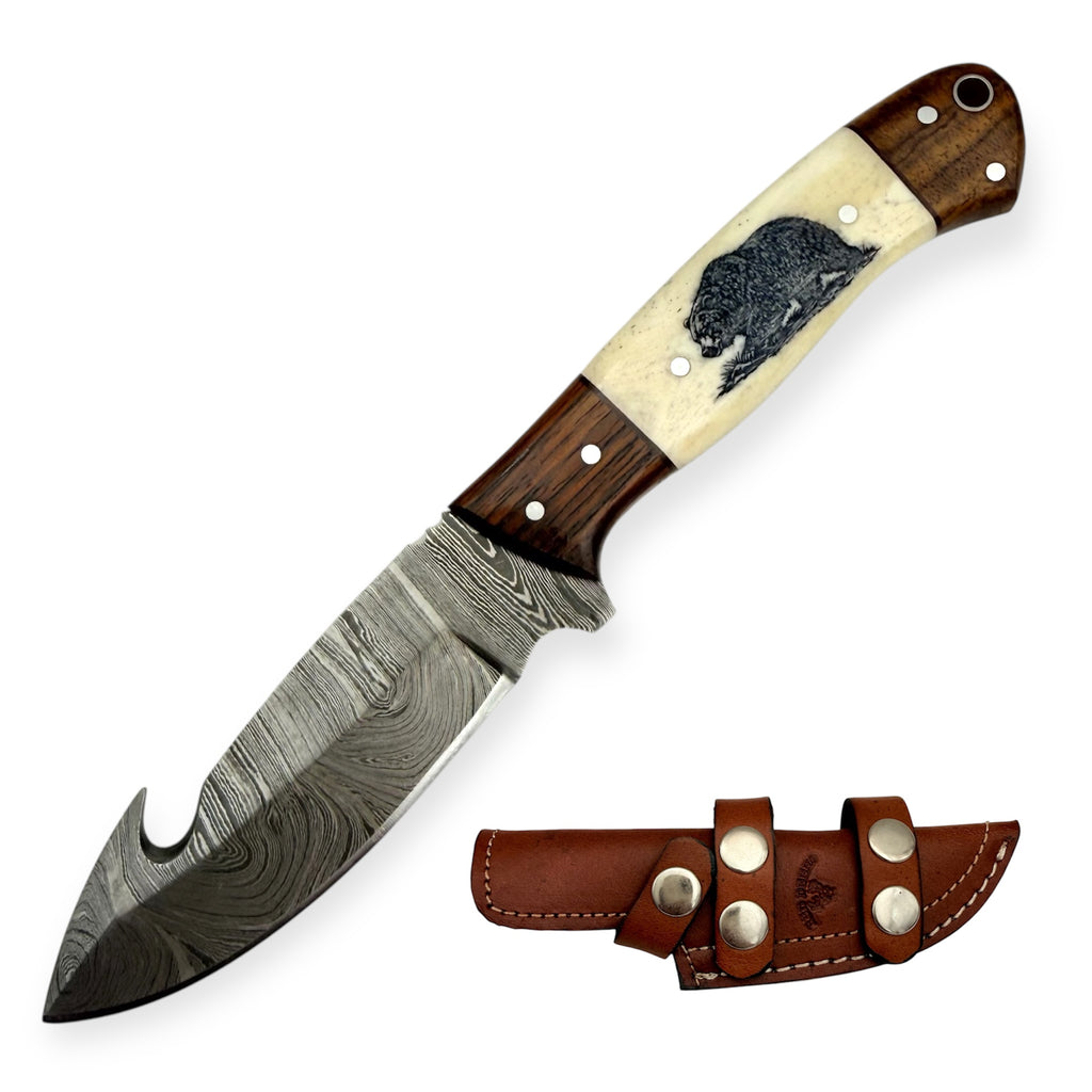 Red Deer® Damascus Gut Hook Burnt Black Bear (Both Sides Engraving )