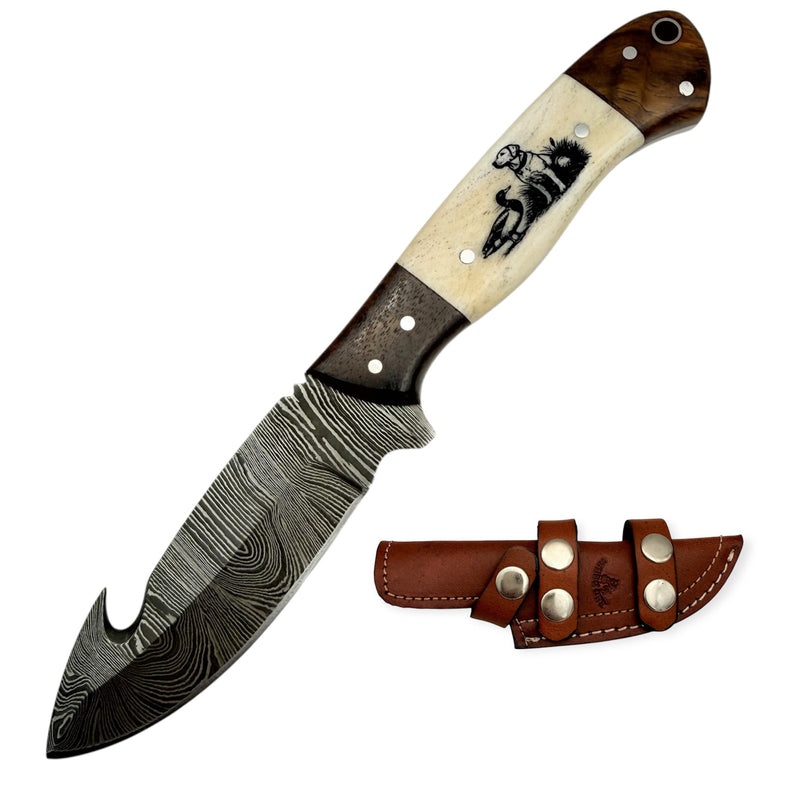 Red Deer® Damascus Gut Hook Burnt Duck Hunting (Both Sides Engraving )