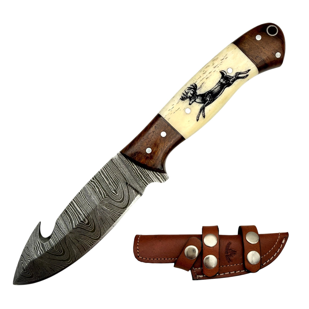 Red Deer® Damascus Gut Hook Burnt Deer Hunting (Both Sides Engraving )