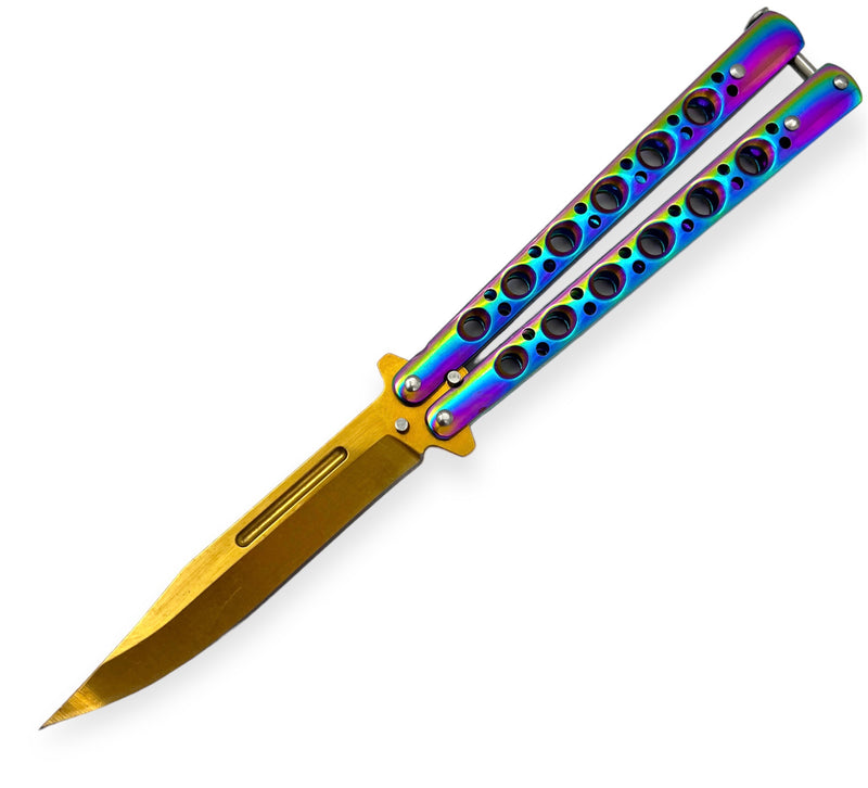 Heavy Duty Butterfly Folding Knife Rainbow Gold