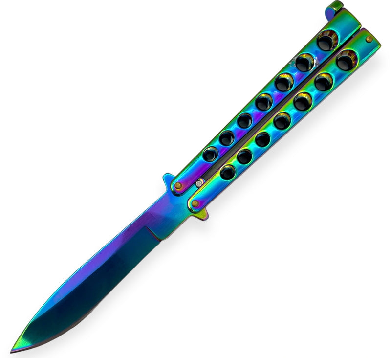 Rainbow Butterfly Knife - Stainless Steel Blade, Skeletonized Handle