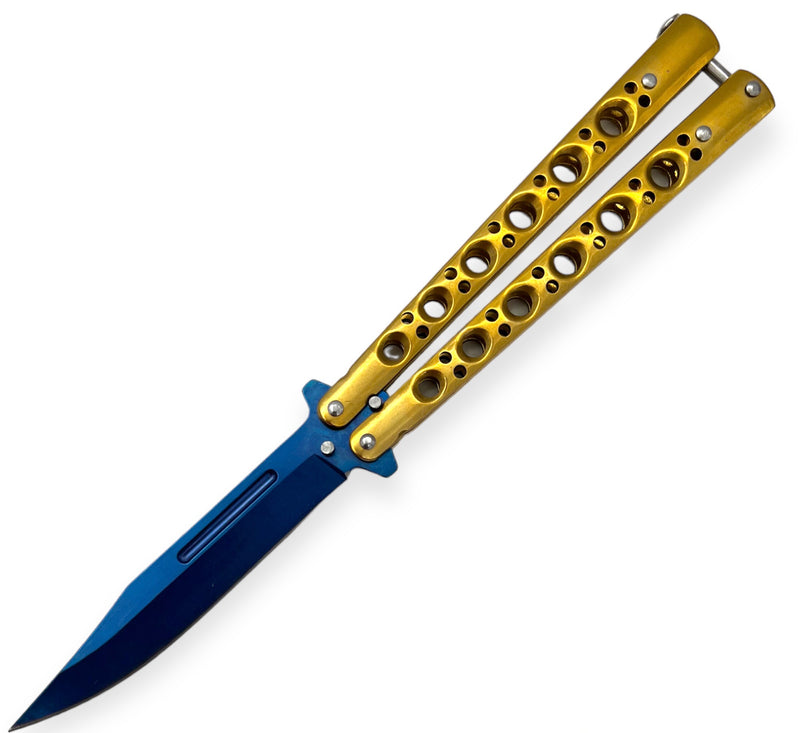 Heavy Duty Butterfly Folding Knife Gold Blue