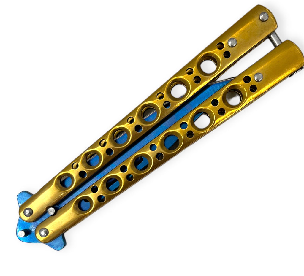 Heavy Duty Butterfly Folding Knife Gold Blue