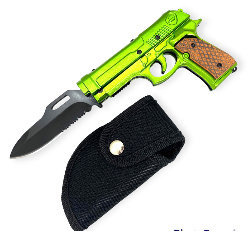 Tiger-USA Lock, Stock and Cock Back Pistol Spring Assisted Knife  Green