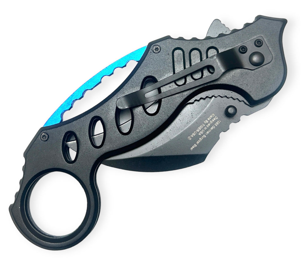 Tiger-USA Spring Assisted Karambit Knife - Black With Teal