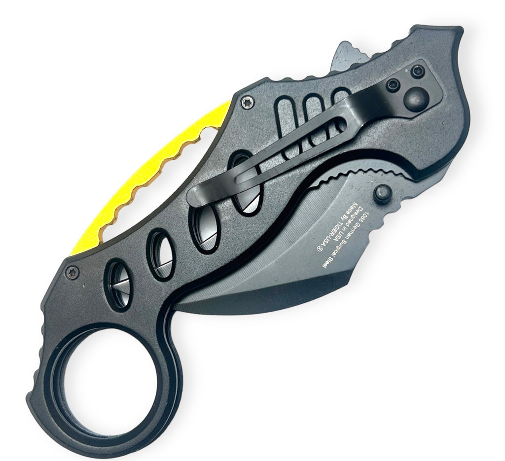 Tiger-USA Spring Assisted Karambit Knife - Black With Gold