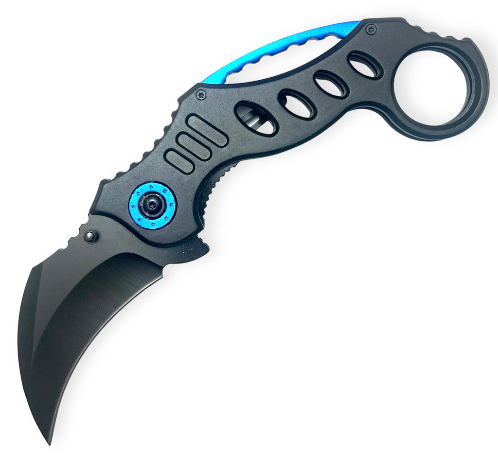 Tiger-USA Spring Assisted Karambit Knife - Black With Teal