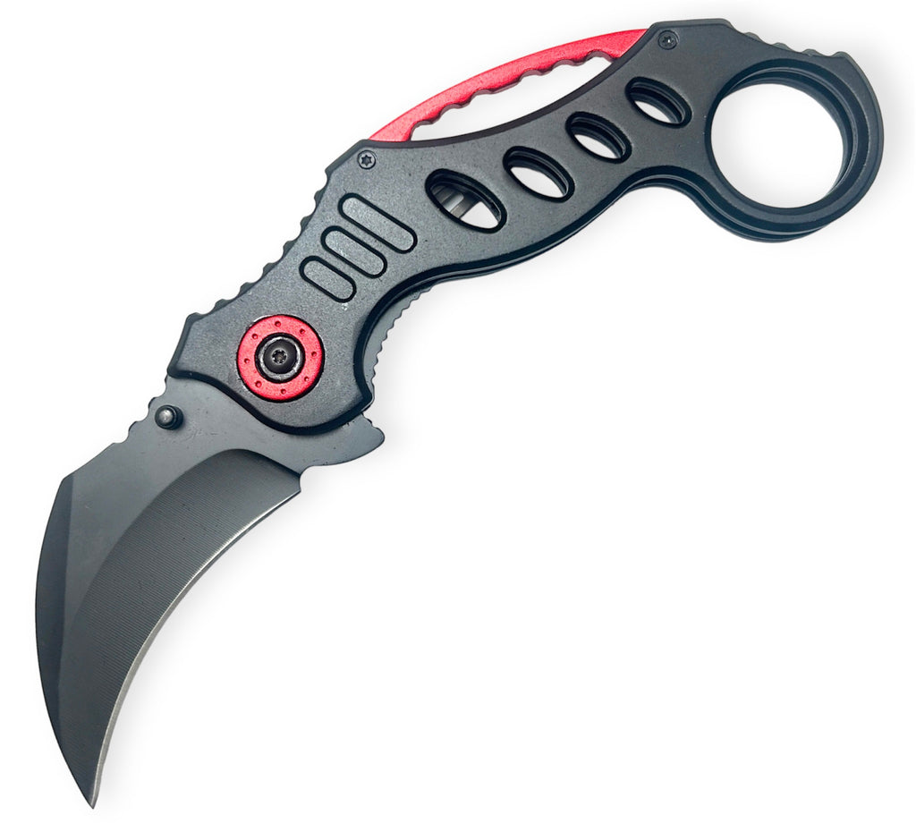 Tiger-USA Spring Assisted  Karambit Knife - Black With Red
