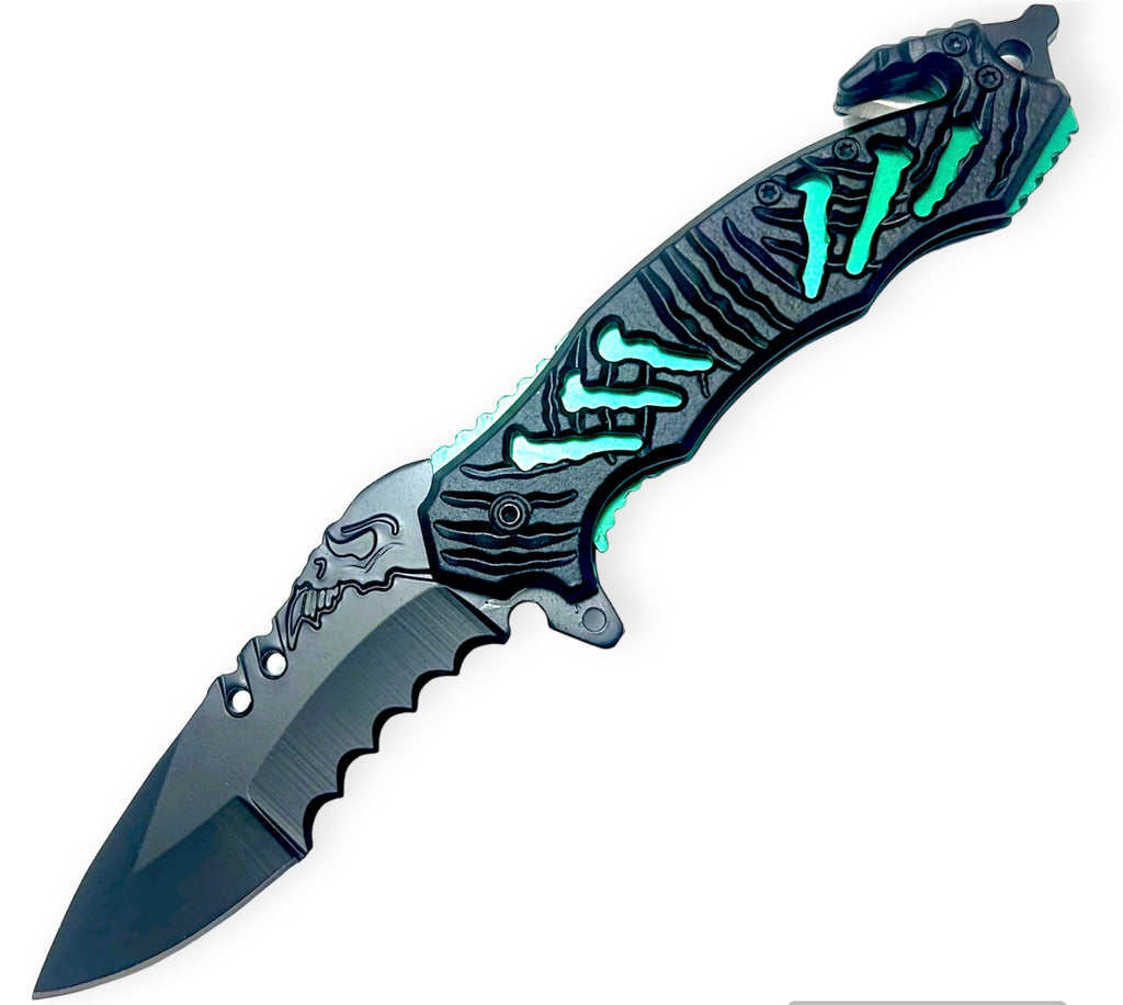 Tiger Usa® Spring Assisted Knife  Green W/Desing