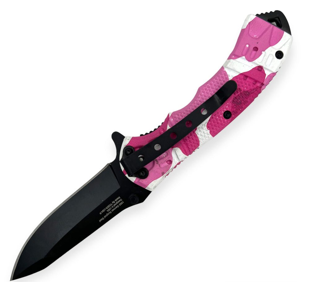8 Inch Spring Assisted TechTact Knife DP Blade - Pink Camo Mean Bitch