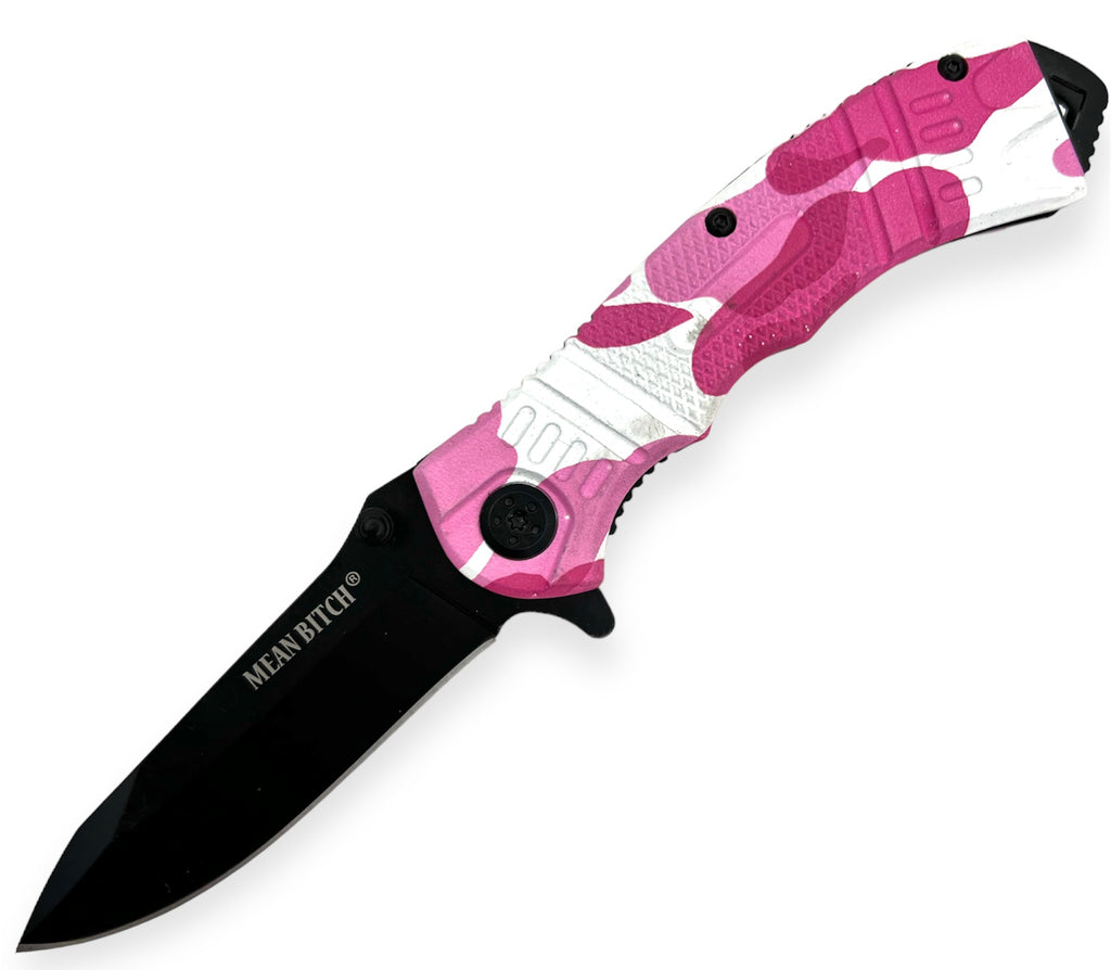 8 Inch Spring Assisted TechTact Knife DP Blade - Pink Camo Mean Bitch