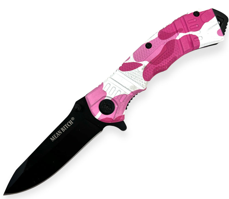 8 Inch Spring Assisted TechTact Knife DP Blade - Pink Camo Mean Bitch