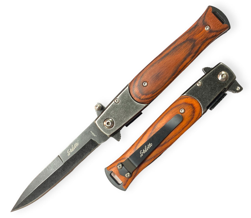 Tiger USA Spring Assisted Stiletto Stone wash Knife Wood