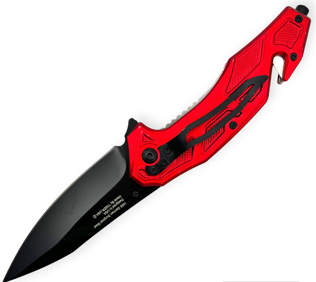 Tiger Usa® Spring Assisted Knife Red  With White line