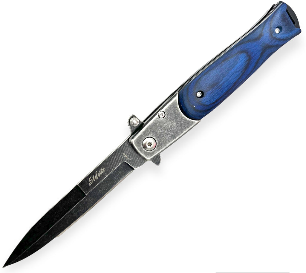 Tiger USA Spring Assisted Stiletto Stone wash Knife  Blue
