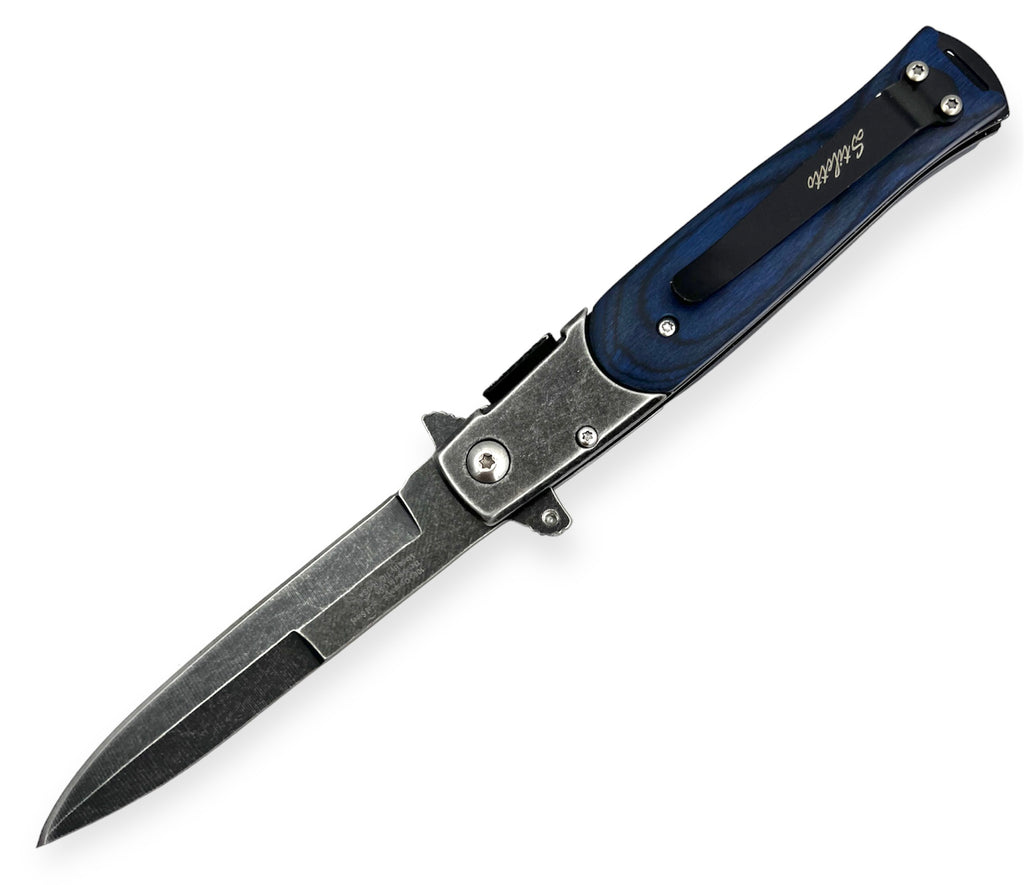 Tiger USA Spring Assisted Stiletto Stone wash Knife  Blue