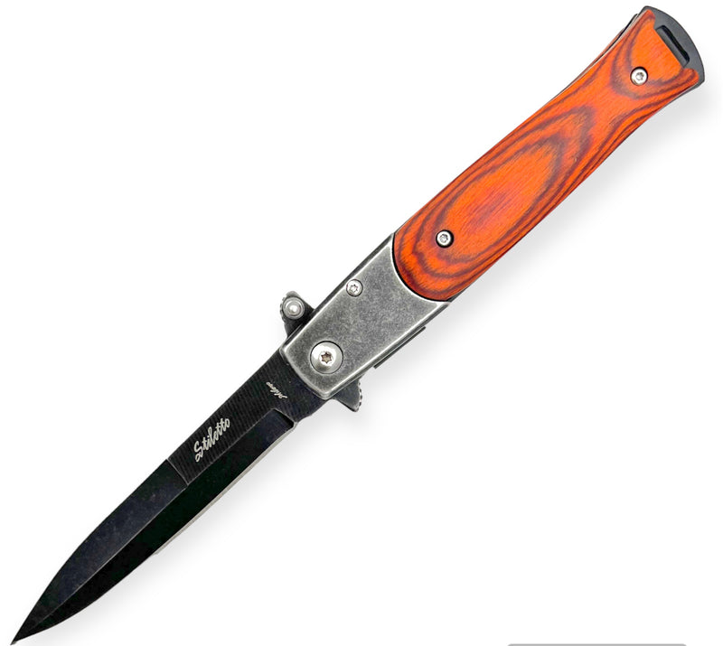 Tiger USA Spring Assisted Stiletto Stone wash Knife Wood