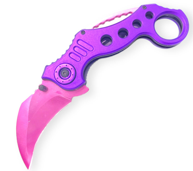 7.5 Inch Tiger-USA Vibrant Color Karambit Style Knife - Purple Handle Pink Knife