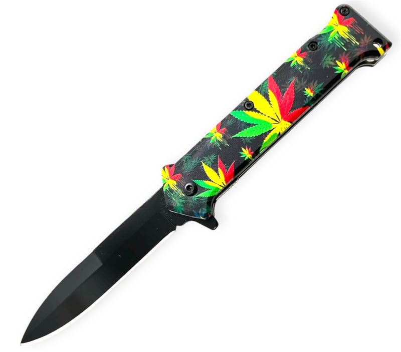 Tiger-USA Spring Assisted Knife - Green, Yellow, Red Rasta Plant
