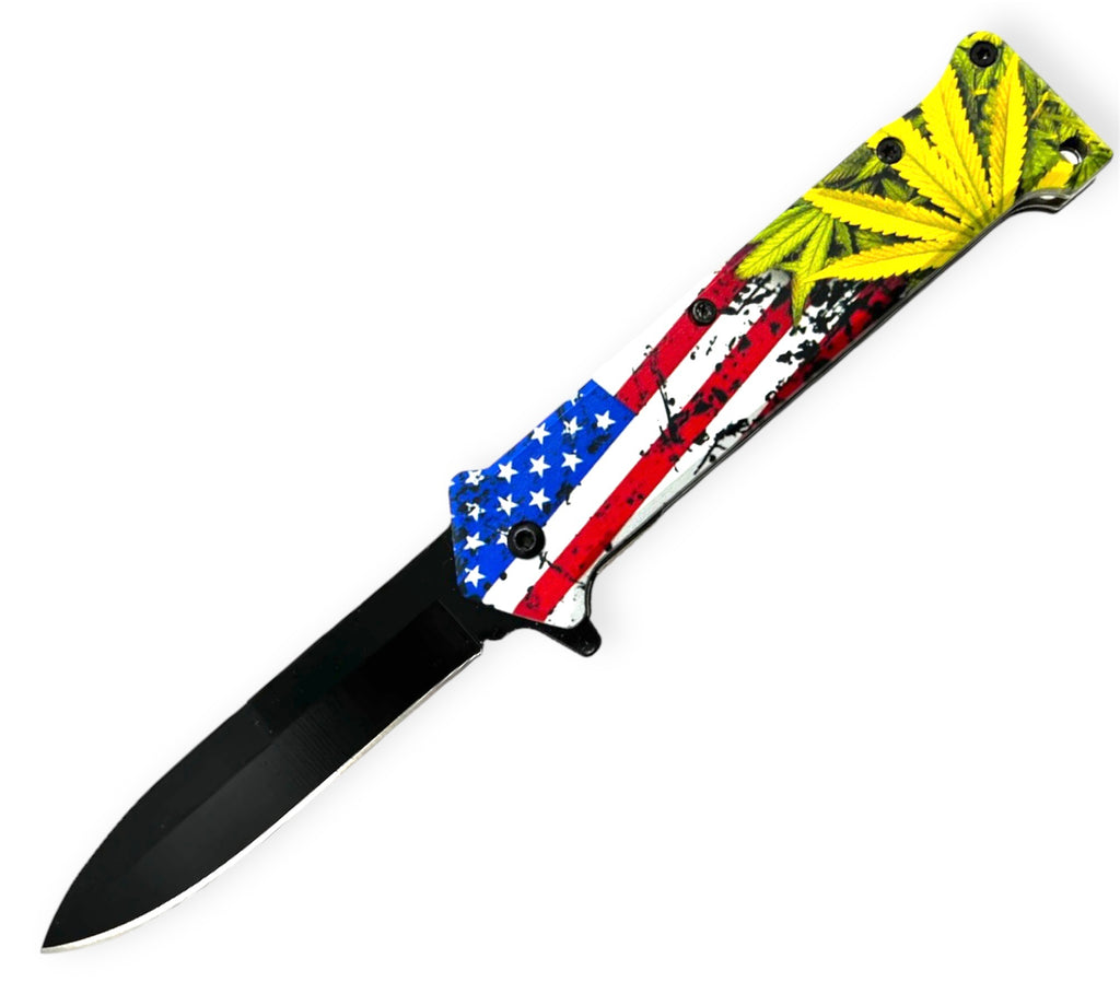 Tiger-USA Spring Assisted Knife - American/Rasta Plant