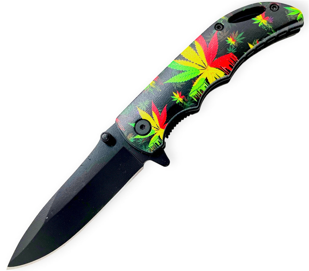 Black Handle Rasta Plant  Tiger-USA Spring Assisted Drop Point