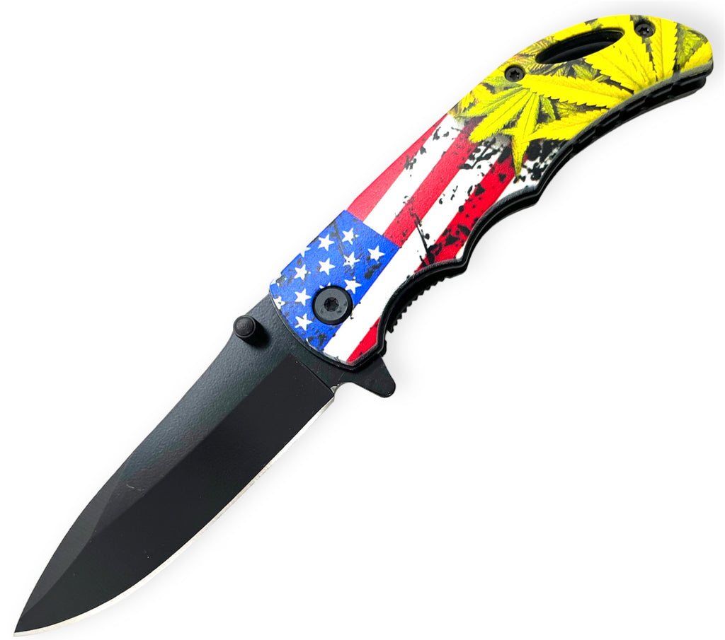 American Flag Yellow Rasta Plant  Tiger-USA Spring Assisted Drop Point