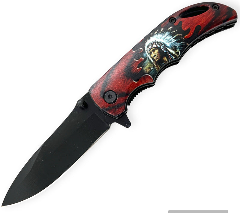 Native Indian Chief Tiger-USA Spring Assisted Drop Point