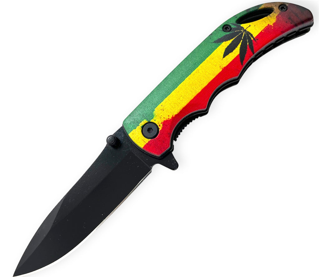 Green, Yellow, Red Rasta Plant  Tiger-USA Spring Assisted Drop Point