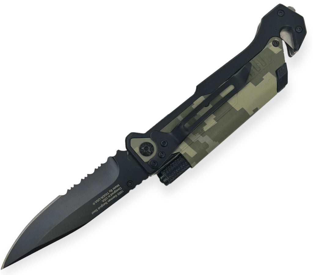 Tiger USA Tactical Spring Assisted Rescue Knife Fire Starter camo