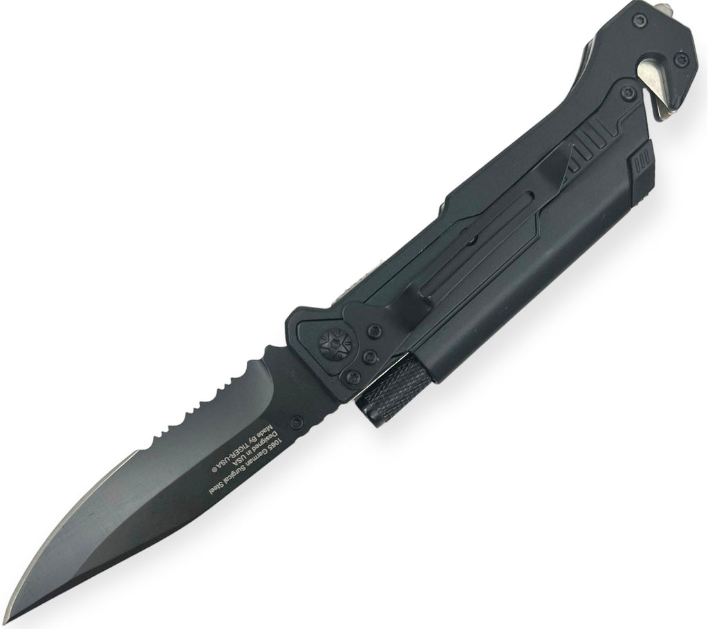 Tiger USA Tactical Spring Assisted Rescue Knife Fire Starter Black