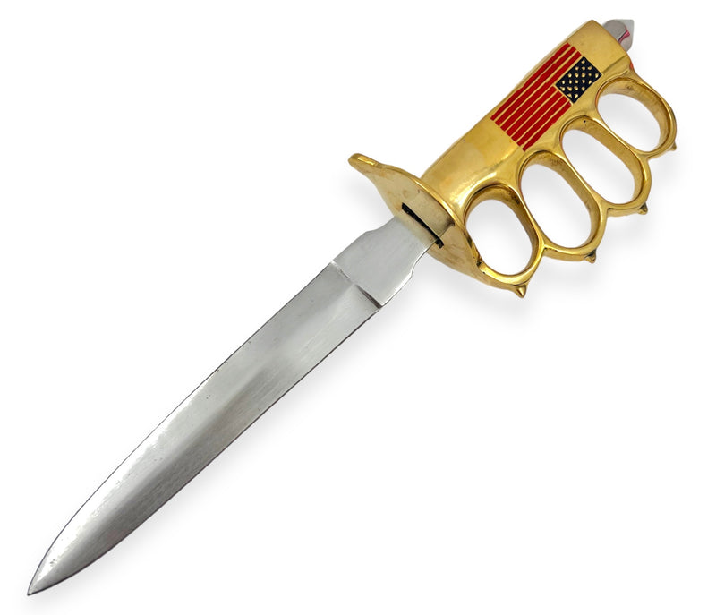11 Inch Trench Knife Carbon Steel Blade Real Brass Handle W/ usa Flag