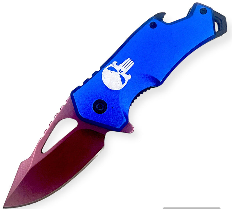 DROP POINT BLUE HANDLE PINK BLADE  FOLDING  With  BEER BOTTLE OPENER WITH SKULL