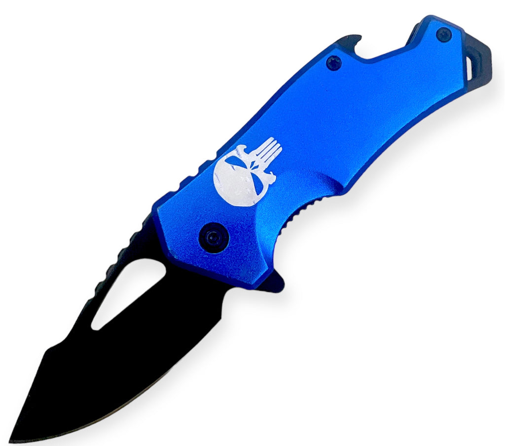 DROP POINT BLUE  FOLDING  With  BEER BOTTLE  OPENER WITH SKULL